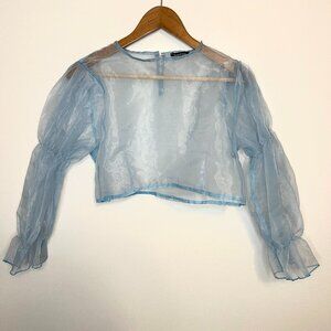 Cropped Sheer Puff Sleeve Baby Blue Top